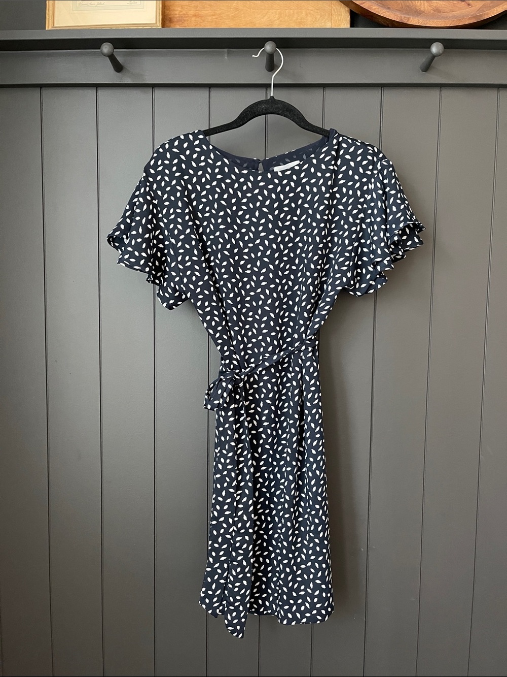 H&M Navy and White Printed Tie-Waist Flutter Dress